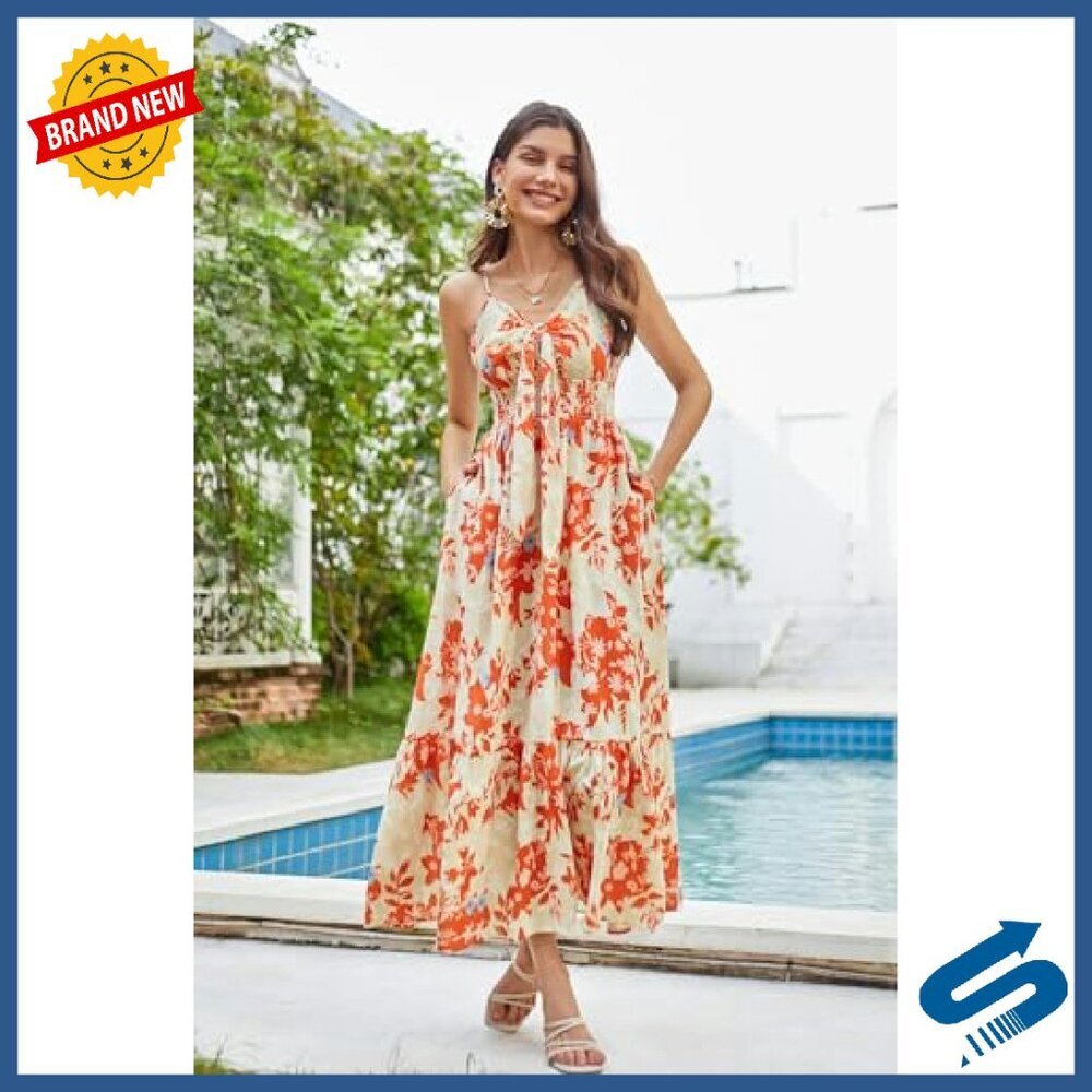 Summer Maxi Dress with Tie Front, Spaghetti Straps, Pockets, Flowy - Picture 3 of 8